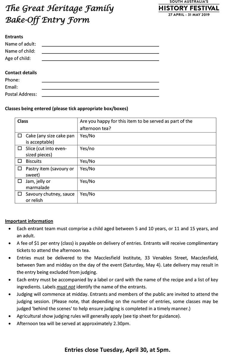 The Great Heritage Family Bake Off entry form